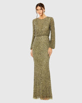Green High Neck Long Sleeve Beaded Blouson Gown
