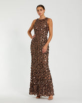 Brown Sleeveless Sequin Fringe Column Gown