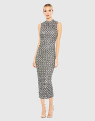 Gray Embellished High Neck Sleeveless Sheath Dress - FINAL SALE