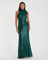 Green Soft Tie Halter Neck Sequin Gown