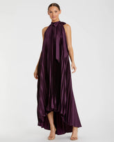 Purple Pleated Halter Neck High Low Gown