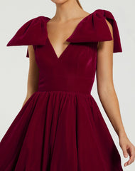 Red Velvet Shoulder Bow Bubble Mini Dress