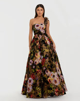 Multicolor One Shoulder Floral Velvet Ball Gown