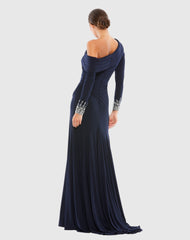 Navy Beaded Cuff Drop Shoulder Faux Wrap Gown