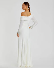 White Beaded Cuff Drop Shoulder Faux Wrap Gown - FINAL SALE