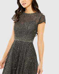 Gray Embellished Cap Sleeve A Line Dress