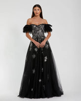 Black Tulle Off The Shoulder Gown With Sequin Details