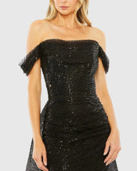 Black Off the Shoulder Sequin Panel Train Gown