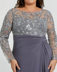 Gray Embroidered Top Jersey Skirt Gown (Plus)