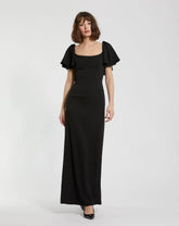 Black Crepe Fitted Long Dress With Short Ruffle Sleeves - FINAL SALE