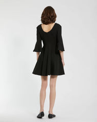 Black Crepe Square Neck 3/4 Sleeve Godet Mini Dress