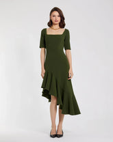 Green Crepe 3/4 Sleeve Asymmetrical Hem Dress