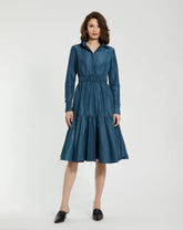 Blue Faille Long Sleeve Collared Midi Dress With Belt - FINAL SALE