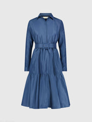 Blue Faille Long Sleeve Collared Midi Dress With Belt - FINAL SALE