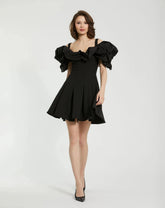 Black Crepe Godet Hem Mini Dress With Faille Ruffle