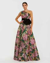 Multicolor One Shoulder Sequin Ball Gown With Velvet Bow