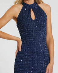 Navy Embellished Halter Neck Keyhole Gown