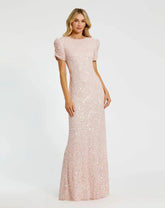 Pink Gathered Short Sleeve Embellished Gown