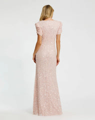 Pink Gathered Short Sleeve Embellished Gown