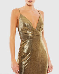 Gold Metallic Faux Wrap Spaghetti Strap Gown