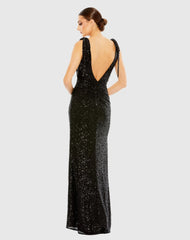 Black Sequined Low Back Bow Shoulder Gown