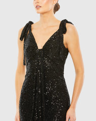 Black Sequined Low Back Bow Shoulder Gown