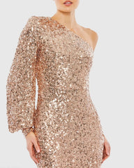 Pink Sequined One Shoulder Bishop Sleeve Trumpet Gown