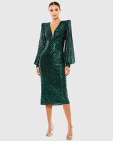 Green Sequined Structured Bishop Sleeve Midi Dress