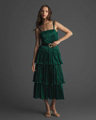 Green Ruffle Tiered Buckle Detail Dress