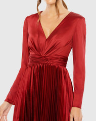 Deep Red Pleated Long Sleeve V-Neck Dress