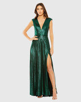 Green Cap Sleeve Deep V Neck High Slit Metallic Gown