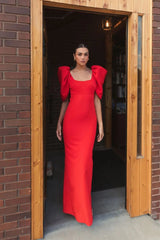 Red Fitted Crepe Square Neck Gown With Puff Sleeves