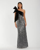 Black and Silver One Shoulder Embellished Gown With Velvet Bow