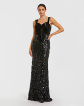 Black Sleeveless Sequin Column Gown With Velvet Bow