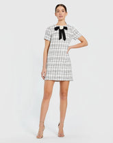 White Short Sleeve Boucle Mini Dress with Bow
