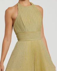 Gold Shimmering Pleated High Neck Ball Gown