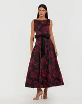 Black Brocade Drop Waist Midi Dress With Satin Bow