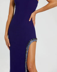 Blue One Shoulder Gown with Embellished Slit