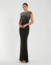 Black Crystal Embellished Jersey Fitted Cap Sleeve Gown