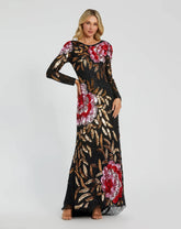 Black Embellished Floral Long Sleeve Gown
