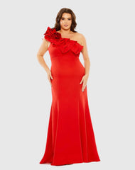 Red One Shoulder Ruffle Detailed Gown (Plus) - FINAL SALE