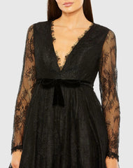 Black Long Sleeve Deep V Lace Babydoll Dress