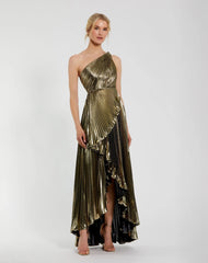 Gold Pleated Metallic One Shoulder High Low Gown