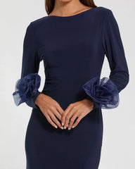 Navy Long Sleeve Fitted Jersey Gown With 3D Flowers
