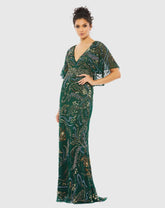 Green Embellished V Neck Cape Sleeve Column Gown
