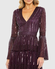 Purple Embellished Bell Sleeve Tiered Gown