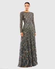Gray Embellished Illusion High Neck Long Sleeve A Line Gown