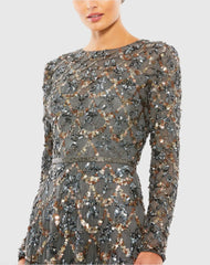 Gray Embellished Illusion High Neck Long Sleeve A Line Gown