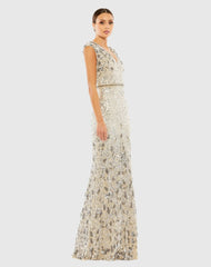 White and Silver Embellished V Neck Cap Sleeve Sequin Gown