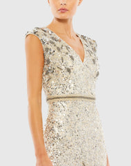White and Silver Embellished V Neck Cap Sleeve Sequin Gown